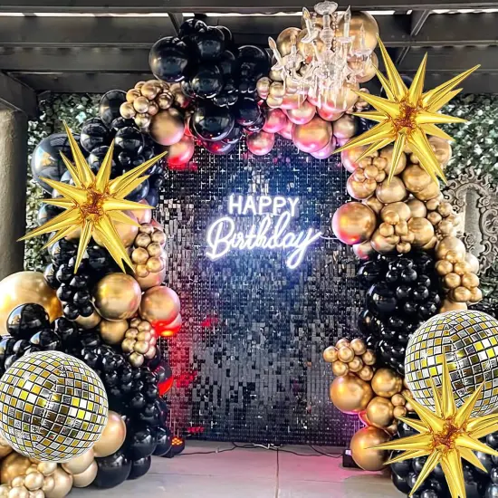 Black and Gold Balloon Garland Arch Kit with Gold Starburst Balloons Disco Ball Foil Balloons, Gold Confetti Latex Balloons for Graduation Anniversary Birthday Party Decorations {4}