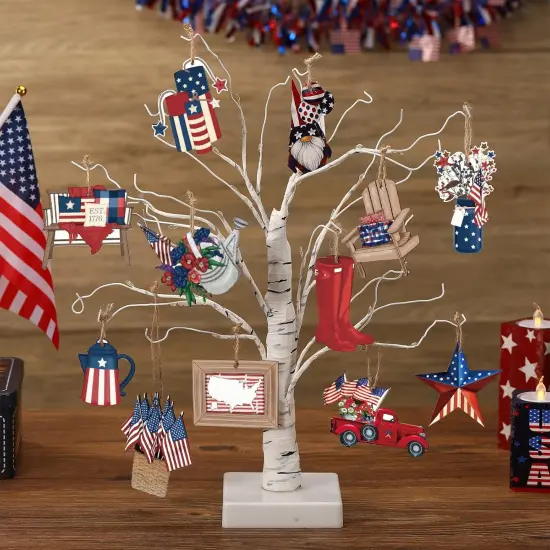 36 Pcs 4th of July Patriotic Ornaments for Tree Wooden Memorial Day Decorations Red White Blue Hanging Ornament {4}