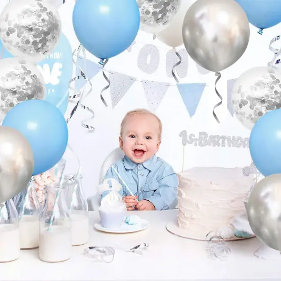 Blue White Silver Confetti Balloons, 50pcs 12 Inches Latex Party Balloons Helium Balloons for Birthday Bridal Shower Graduation Wedding Decorations {2}
