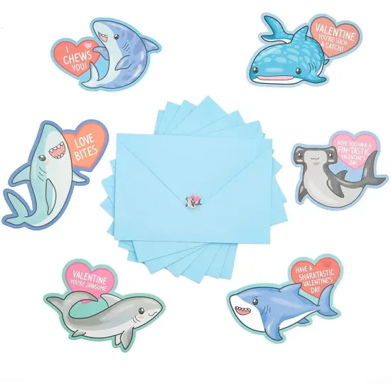 Pipilo Press 36 Pack Cute Shark Animal Valentine's Cards with Envelope, 6 Assorted Heart Designs with 9 Sheets Stickers, Kids Blank Notecards for Classroom Exchange Gift (3.5 x 6 Inch) Blue {1}