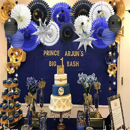 Hanging Party Decoration Supplies Set of Tissue Paper Fans Star Garland Paper Lanterns for Graduation Wedding Anniversary Birthday Backdrop Decoration (Navy Blue White Black) {2}