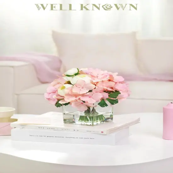 Fake Hydrangea Ranunculus Flowers in Vase, Artificial Flowers with Vase, Faux Silk Flowers in Vase Centerpiece for Home Office Hotel Wedding Party Dining Table Decor & Gift (Pink) {3}