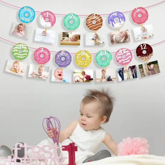 Donut First Birthday Banner, Doughnut Photo Banner for Girl, Donut Grow Up 1st Picture Banner Party Decoration {4}