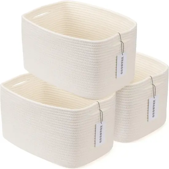 Summer Cotton Rope Storage Basket Bins Woven Basket for Organizing Shelves Rectangle Decorative Baskets For storage Clothes Toys Books Towels Square Wicker Nursery basket organizer 3 pack white {1}