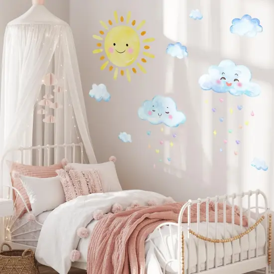 Summer Sun Wall Decals, Watercolor White Clouds Wall Sticker, Boy Girl Room Decoration Sun Stickers, Peel and Stick Removable Sun and White Clouds Wall Decor,for Boys and Girls Room, Children's Bedroom. {3}