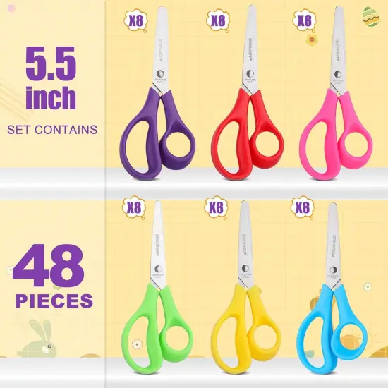 48Pack 5.5" Safety Small School Kids Student Round Blunt Tip Craft Scissors Bulk, Stainless Steel Blades Comfort Grip Scissors for Kid Children Kindergarten Cutting Paper {5}