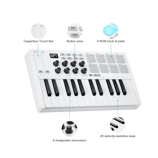 M-WAVE MIDI Keyboard Bluetooth &ndash; 25-Key Pad Controller with Drum Pads, Knobs, Software Included {5}