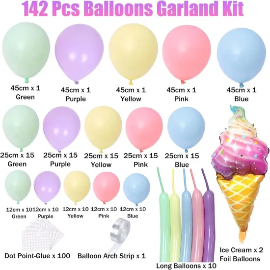 Pastel Balloon Garland Arch Kit, 142pcs Balloons Macaron Rainbow Ice Cream Foil Party for Baby Shower Girls Birthday Theme Decorations Pink Blue White {2}