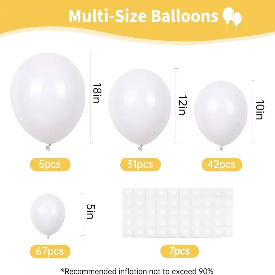 145pcs White Balloons Latex Balloons 18 12 10 5 Inch Party Balloon Kit Different Sizes for Birthday Party Wedding Balloon Graduation Baby Shower Decoration {2}