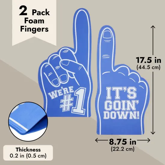 2 Pack Blue Foam Fingers #1, It's Goin' Down for Sports Fan Accessories, Cheering, Party Favors, 17.5 Inch Giant Foam Hand {4}