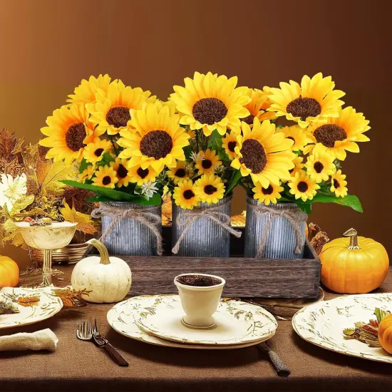 Set of 3 Artificial Sunflowers Metal Pot Centerpiece Farmhouse Sunflowers Floral Arrangements with Rectangle Wooden Planter 11" for Rustic Wedding Spring Summer Home Kitchen Table Shelf D&eacute;cor {4}