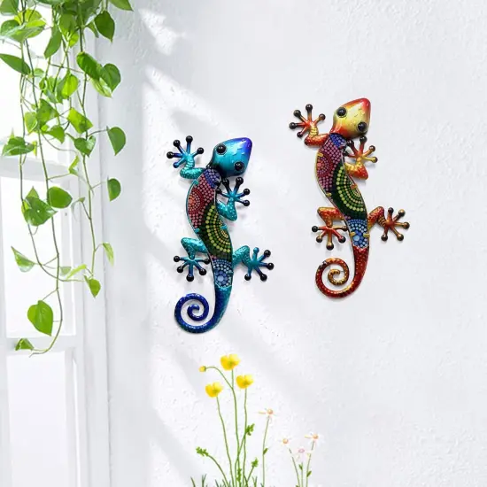 Summer Metal Gecko Wall Art 2 Pack 15 Inch Lizard Outdoor Decor Hanging Glass Sculpture Decoration for Garden Fence Home {5}