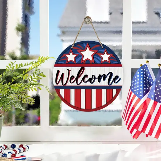 Welcome 4th of July Front Door Sign, Patriotic America Stars Stripes Wood Door Hanger Outdoor Outside Porch Decor, American USA Farmhouse Wooden Wreath Indoor Wall Hanging Decoration {5}