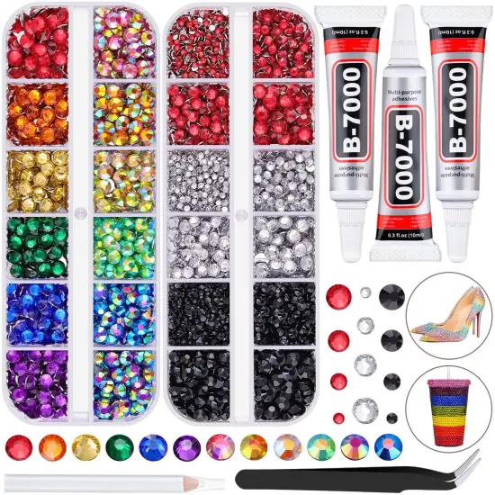 8500 PCS Flatback Rhinestones for Crafting and 3PCS B7000 Glue (Pack 1), 2 Boxes of Rainbow Resin Rhinestones Gems Charms for Bedazzling DIY Crafts Fabric Clothing Tumblers Shoes Nail Art {1}