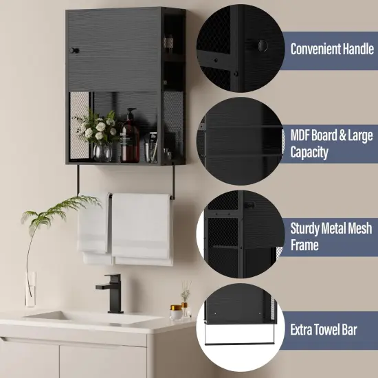 Black Wall-Mounted 3-Tier Bathroom Cabinet with Towel Bar - Over Toilet Storage Shelf, Medicine Cabinet for Bathroom, Laundry Room, Space-Saving Design (7.8"D x 16.9"W x 29.2"H) {3}