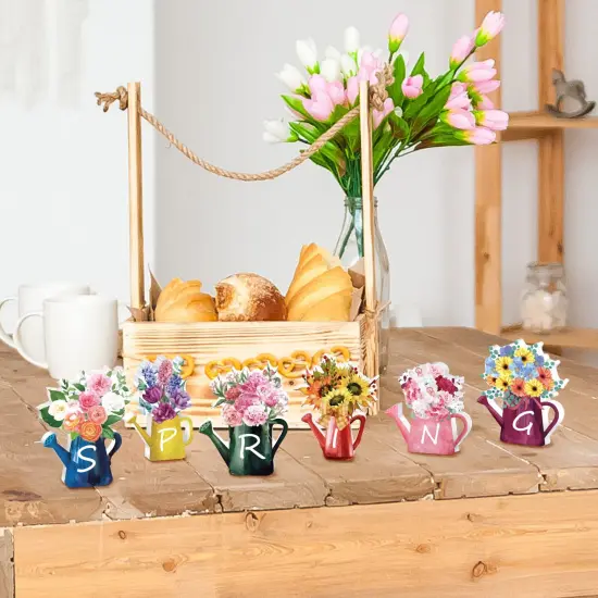 6 Pieces Spring Wood Block Signs Wooden Tabletop Spring Decor Flowers Decor Tiered Tray Decorations Watering Can Table Centerpiece Wall Pediments for Home Farmhouse Tabletop {2}