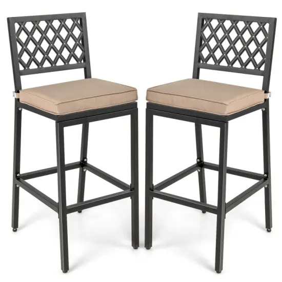 Set of 2 Patio Bar Chairs with Detachable Cushion and Footrest Argyle Pattern {5}
