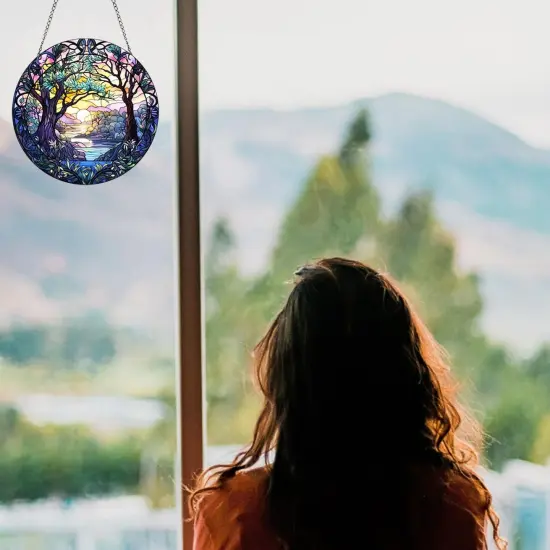 Summer Tree Life Acrylic Window Hanging Nature Round Sun Catcher Round Sun Catcher Home Decor Forest Stained Sun Catcher Window Decor Wall Art for Home Office Decoration (Style B) {4}