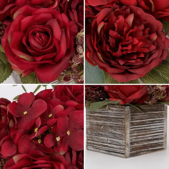 Flower Arrangement with Wooden Vase 8" Artificial Flowers in Pot - Fake Flowers Roses Peonies Hydrangeas in Wooden Vase Potted Artificial Flower Centerpieces for Table Decor Living Room - Red {3}