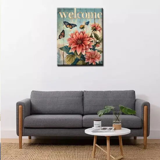 "welcome" Sign Paint by Numbers for Adults Beginners-Paint by Number Vintage Wood Grain,DIY Butterfly and Dahlia Acrylic Paint by Numbers Kits on Canvas for Adults Beginner 16x20inch(Without Frame) {3}