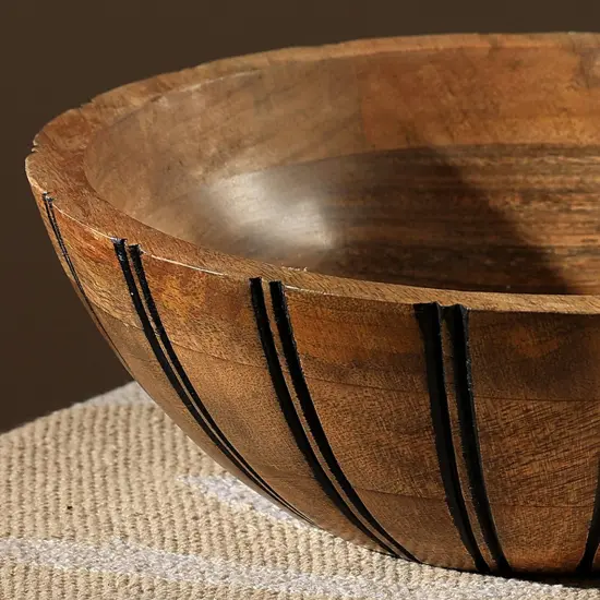 Handcrafted Large Wood Bowl with Black Vertical Lines {4}