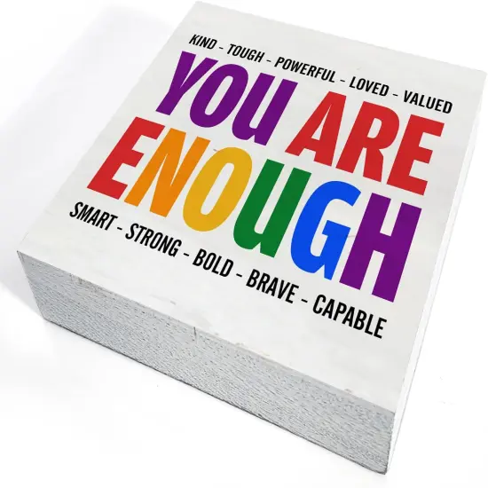 You Are Kind Tough Powerful Enough Wooden Box Sign Desk Decor LGBT Quotes Wood Block Plaque Box Signs Pride Box Sign for Home Shelf Table Decoration (5 X 5 Inch) {2}