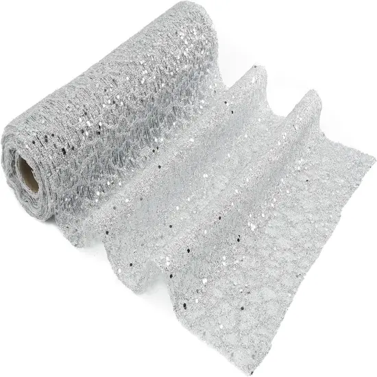Silver Glitter Mesh Web Ribbon - 10 Inch Wide x 10 Yards Roll - Decorative Mesh {1}