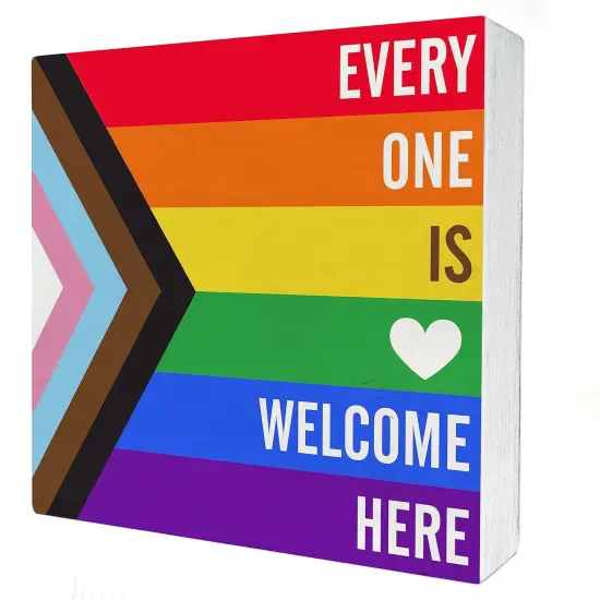 Rainbow Everyone is Welcome Here Wooden Box Sign Desk Decor LGBTQ Gay Pride Flag Wood Block Plaque Box Signs Gift for Home School Shelf Table Decoration (5 X 5 Inch) {1}