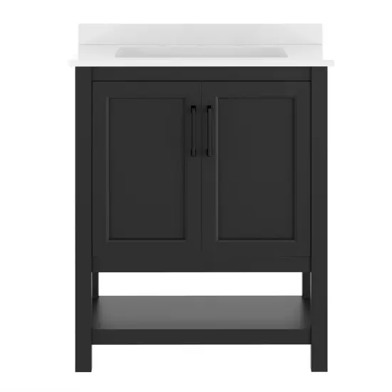 Merrick Lane Vigo Bathroom Vanity with Ceramic Sink, Carrara Marble Finish Countertop, Storage Cabinet with Soft Close Doors and Open Shelf {11}