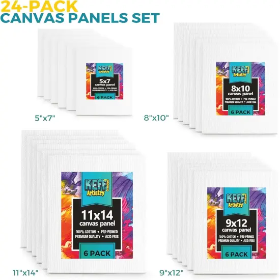 24-Pack Bulk Canvas for Painting, 6 of 5x7, 8x10, 9x12, 11x14 Canvas Boards for Painting, Art Supplies for Adults & Kids - 100% Cotton Primed Painting Canvas for Acrylic, Oil, Watercolor, Tempera {2}