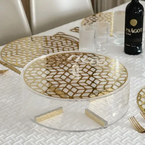 Lucite UCILaser Cut Round Matzah Box Gold {6}