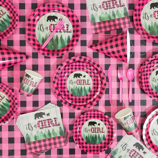Sparkle and Bash Buffalo Plaid Table Covers for Girl Baby Shower (54 x 108 in, 3 Pack) Pink {3}