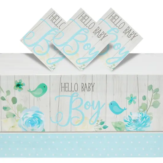 3 Pack Hello Baby Boy Plastic Table Covers for Baby Shower Decorations for Boys, Rustic Brid Design (Blue, 54 x 108 In) {1}