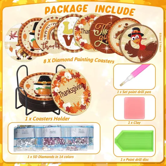 8 Pcs Fall Diamond Art Painting Kits Thanksgiving Diamond Coasters for Adults {3}