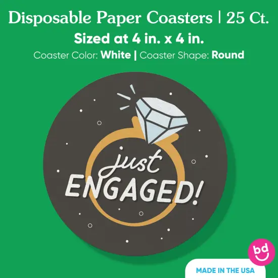 Big Dot of Happiness 25 Ct Just Engaged Drink Coasters, 4-Inch Disposable Round Paper Coasters for Engagement Party, Table Decor for Bar Drinks {5}