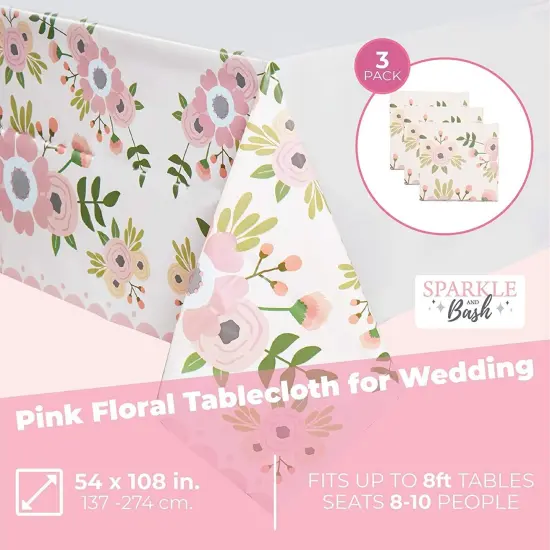 Pink Floral Plastic Tablecloth for Wedding (54 x 108 in, 3 Pack) {2}