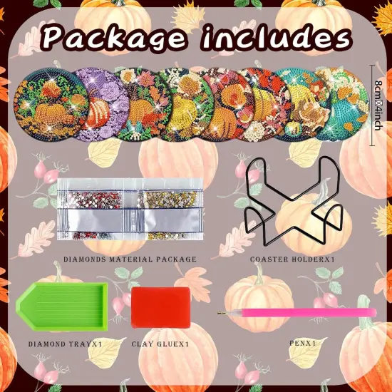 8 Pcs Fall Pumpkin Diamond Art Painting Coasters Kits {2}
