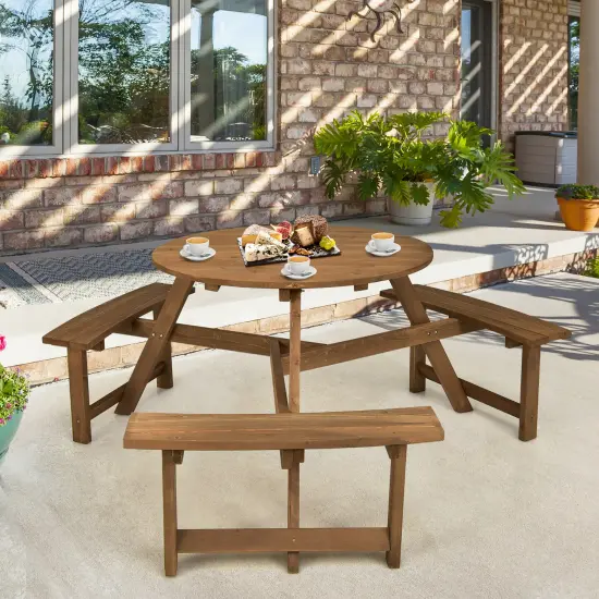 Costway 6-person Round Wooden Picnic Table Outdoor Table w/ Umbrella Hole & Benches {2}