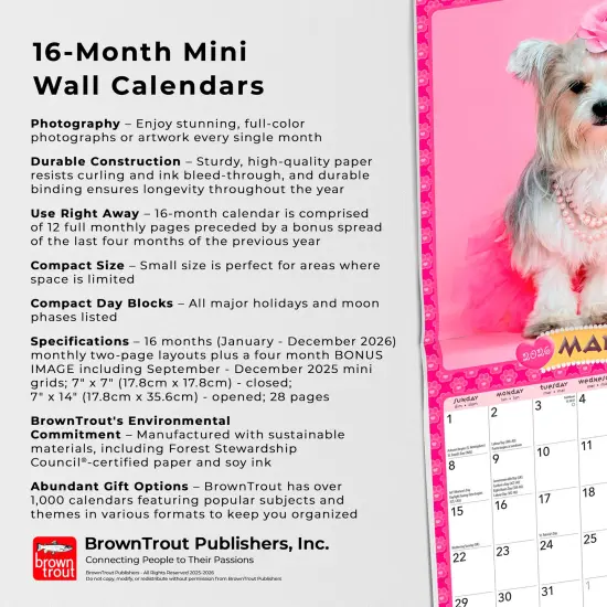Puppies in Pink | 2026 7 x 14 Inch (Hanging) Monthly Mini Wall Calendar {6}