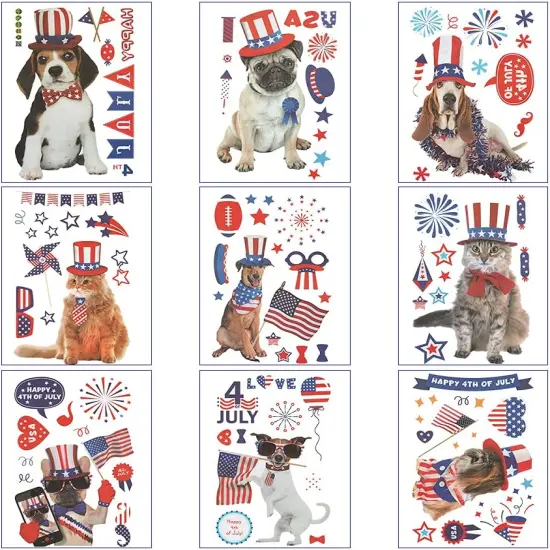 Patriotic PVC Dogs Window Clings, 9 Sheets Reusable 4th of July Decorations for Indoor Use, Wall Decor, Party Supplies {1}