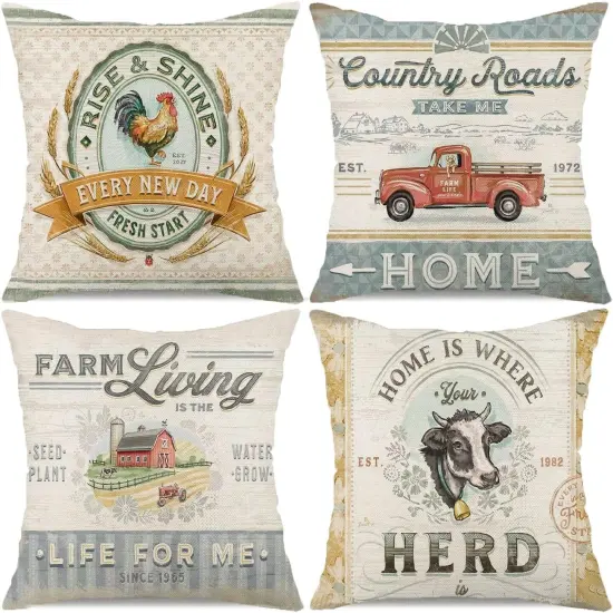 Farmhouse Animal Pillow Covers 18x18 Set of 4 Retro Farmer's Market Truck Rooster Sheep Feed Seed Premium Poultry Farm Home D&eacute;cor Throw Pillow Case Cushion Cover for Sofa {1}