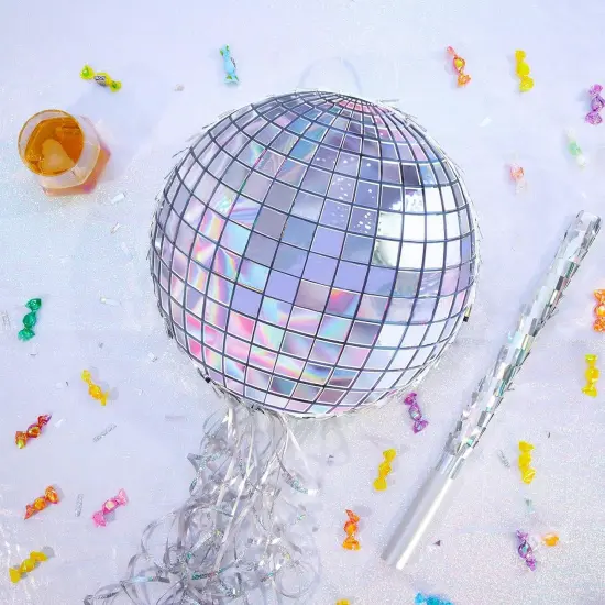 Disco Ball Pi&ntilde;ata - Disco Party Decoration for Adult Birthday Party Supplies Hanging Disco Pi&ntilde;ata with Bat Blindfold Mirror Roller Skating Pull String, 12.2&rdquo; x 12.2&rdquo; {5}