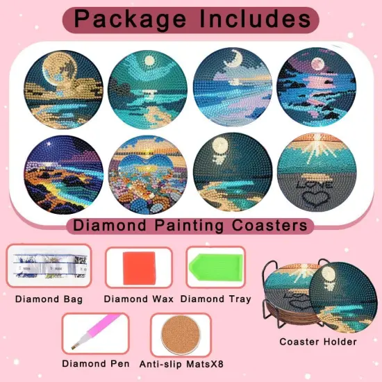Beach Diamond Art Coasters Kit for Adults - 8 Pcs Diamond Painting Coasters Kit with Holder,Moon Landscape Diamond Art Kits for Adults Coasters Arts and Crafts Kits for Gifts {2}