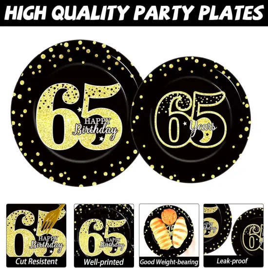 200Pcs 65th Birthday Party Supplies Happy 65th Birthday Gold Black Tableware Dinnerware Set 65 Years Old Plates and Napkins {2}