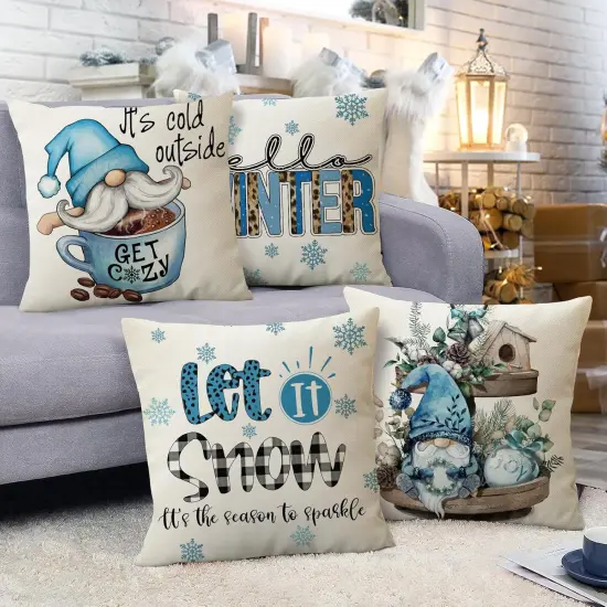 Hello Winter Blue Gnome Decorative Pillow Cover 20 x 20 Set of 4, It's Cold Outside Snowflakes Coffee Let It Snow Farmhouse Pillowcases, Christmas Buffalo Plaid Wooden Tiered Tray Decors {5}