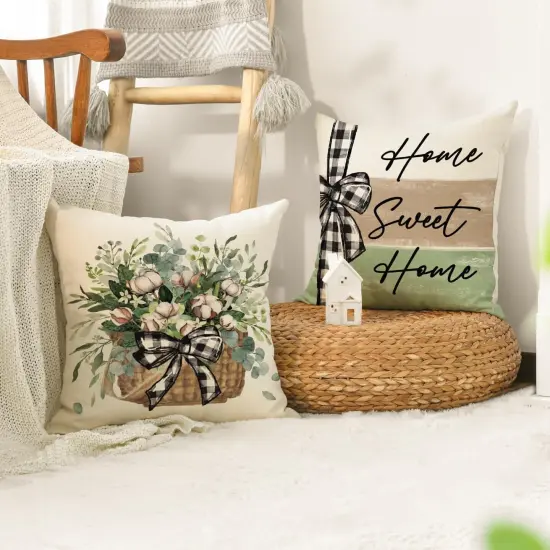 Home Sweet Home Farmhouse Eucalyptus Leaves Throw Pillow Covers, 18 x 18 Inch Truck Stripes Buffalo Plaid Cushion Case Decorations Set of 4 {2}