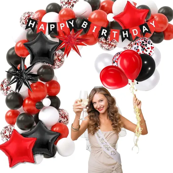 77PCS Red and Black Birthday Decorations for Women Men, Happy Birthday Banner Tablecloth Background Party Supplies, Confetti Star Red Black White Balloons Arch Kit Party Decorations {3}