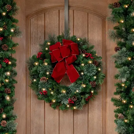 Haute Decor Indoor/Outdoor 24 Inch Pre-lit Artificial PE/PVC Christmas Wreath for Front Door with 50 Warm White LED Lights, Timer, Pinecones, Berries, and a Weather Safe Bow {3}