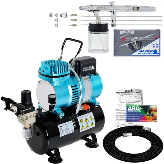 HI-FLOW All-Purpose Precision Dual-Action Siphon Feed Airbrush Set with Airbrush Air Compressor with Air Storage Tank {1}