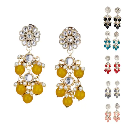 Indian Jhumka Earrings for Women - Large Floral Kundan Faux Pearls Drop Chanbali Earrings Indian Jhumki Ethnic Beaded Bollywood Style Dangle Earrings Jewelry for Bride Birthday Gift for Her YELLOW {1}